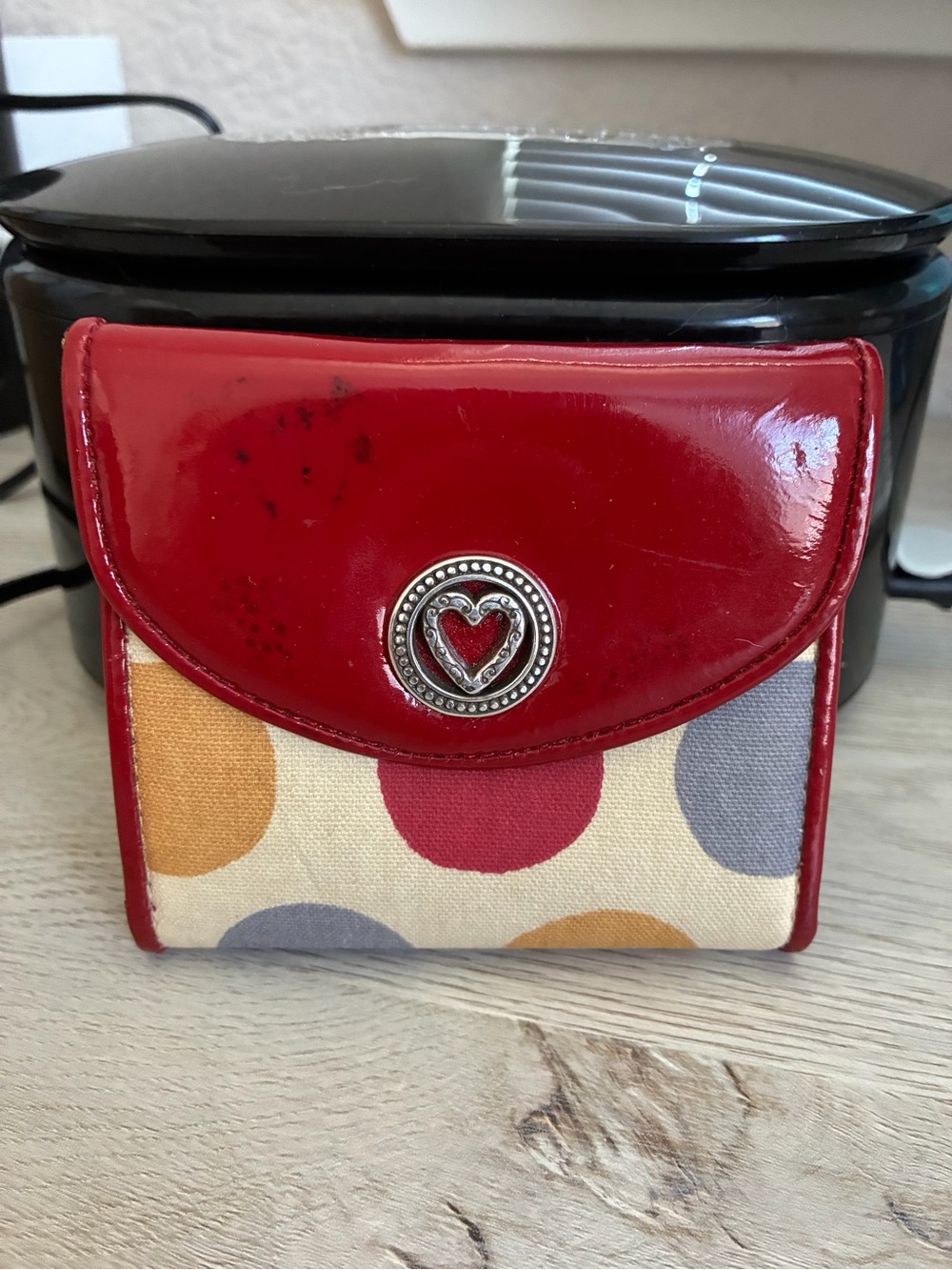 Brighton Red Patent Leather & Polka Dot Canvas Wallet